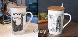 2 Piece Ceramic Coffee Mug with Wooden Lid & Steel Spoon (400ML Each) Multicolor