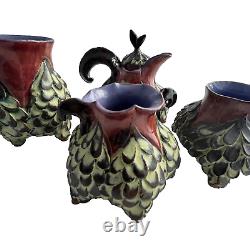 5 PieceTea Coffee Set handmade Ceramic Pottery Whimsical Textured Art Piece READ