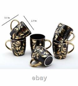 Ceramic Gold Black Tea Coffee Cups Mug Set of 6 (Black Gold)