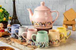 Ceramic Morning Tea Cups/Coffee Cups Set with Kettle (1 Kettle & 6 Tea Cups)