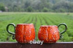 Ceramic Pumpkin Coffee Mug, Orange Set Of Two Mugs, Halloween Idea Gift