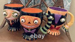 Dept 56 Halloween Pumpkin Head, Witch, Black Cat Googly Eyes Ceramic Mugs Set 3