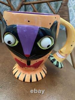 Dept 56 Halloween Pumpkin Head, Witch, Black Cat Googly Eyes Ceramic Mugs Set 3