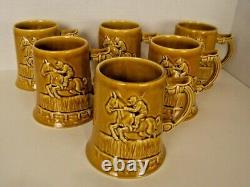 Equestrian Themed Vintage Tankards/Mugs/Steins Set 6 Glazed Caramel Unique EUC