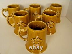 Equestrian Themed Vintage Tankards/Mugs/Steins Set 6 Glazed Caramel Unique EUC