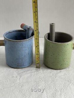 Eunbi Cho Handmade Artisan Pottery Ceramic Mugs Set 2 Glazed Geometric Fun USA