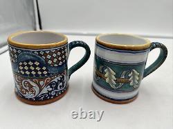 Franco Mari Signed Deruta Italy Hand Painted Pottery Coffee Cup Mug Set Of 2