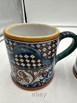 Franco Mari Signed Deruta Italy Hand Painted Pottery Coffee Cup Mug Set Of 2