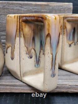 HANDTHROWN CERAMIC 70s DRIP GLAZE MUGS Set of 4 Signed Browns&Blues/Art Studio