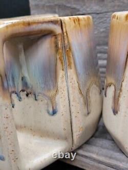 HANDTHROWN CERAMIC 70s DRIP GLAZE MUGS Set of 4 Signed Browns&Blues/Art Studio