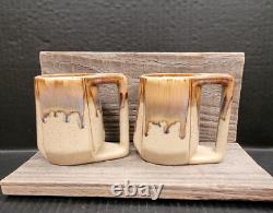 HANDTHROWN CERAMIC 70s DRIP GLAZE MUGS Set of 4 Signed Browns&Blues/Art Studio