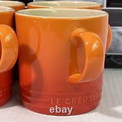 Le Creuset 12 oz Stoneware Coffee Mug Cup Set Of 4 Ribbed Ombre Flame Orange Lux