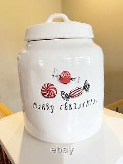 New Rae Dunn Merry Christmas Peppermint Candies Ceramic Cookie Jar Canister RARE