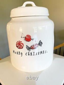 New Rae Dunn Merry Christmas Peppermint Candies Ceramic Cookie Jar Canister RARE