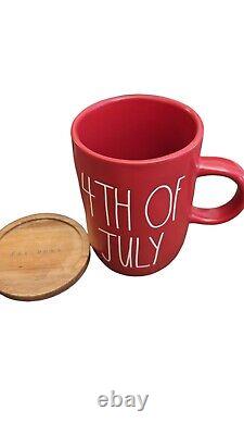 Rae Dunn Patriotic Coffee Cup Mug Red 4th of July With Wood Coaster Lid