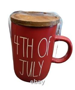 Rae Dunn Patriotic Coffee Cup Mug Red 4th of July With Wood Coaster Lid