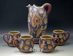 Santucci Deruta Pottery Italy Peacock Feather Pitcher And Mugs Set Vintage