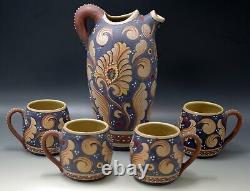 Santucci Deruta Pottery Italy Peacock Feather Pitcher And Mugs Set Vintage