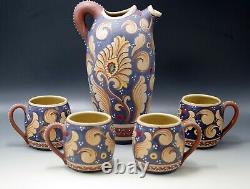 Santucci Deruta Pottery Italy Peacock Feather Pitcher And Mugs Set Vintage