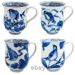 Set of 4 VTG Japanese Mug Cup Blue & White Bird on the Tree Porcelain Seto ware