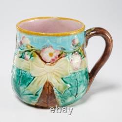 Simon Fielding Antique Majolica Pottery Stokes on Trent Bow Pink Flower Leaf Mug