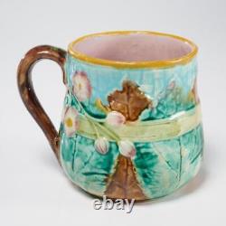 Simon Fielding Antique Majolica Pottery Stokes on Trent Bow Pink Flower Leaf Mug