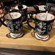 Temptations by Tara Black Floral Lace Lidded Cups with Spoons 4 Mugs 12 Pieces