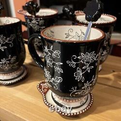 Temptations by Tara Black Floral Lace Lidded Cups with Spoons 4 Mugs 12 Pieces