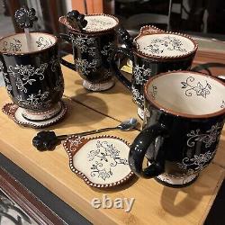 Temptations by Tara Black Floral Lace Lidded Cups with Spoons 4 Mugs 12 Pieces