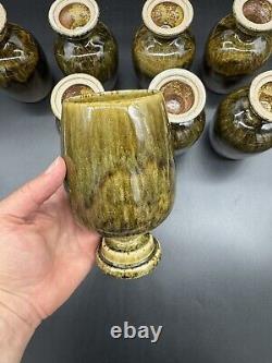 VINTAGE Thai Celadon Wine Glasses, Set of 8, Olive Green Glaze, Stamped, Rare