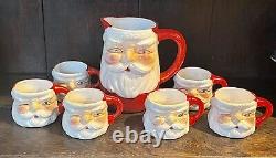 Vintage JAPAN Christmas WINKING Santa CERAMIC Pitcher 6 MUGS Jewel EYES Antique