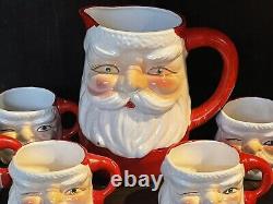 Vintage JAPAN Christmas WINKING Santa CERAMIC Pitcher 6 MUGS Jewel EYES Antique