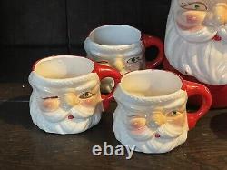 Vintage JAPAN Christmas WINKING Santa CERAMIC Pitcher 6 MUGS Jewel EYES Antique