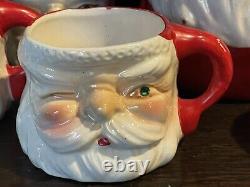 Vintage JAPAN Christmas WINKING Santa CERAMIC Pitcher 6 MUGS Jewel EYES Antique