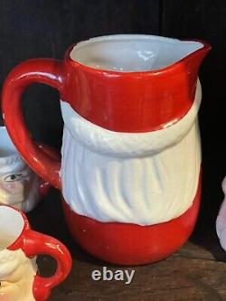 Vintage JAPAN Christmas WINKING Santa CERAMIC Pitcher 6 MUGS Jewel EYES Antique