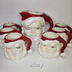 Winking Santa Pitcher Mug Set Ceramic Vintage Jolly Happy Smiling Hand Painted